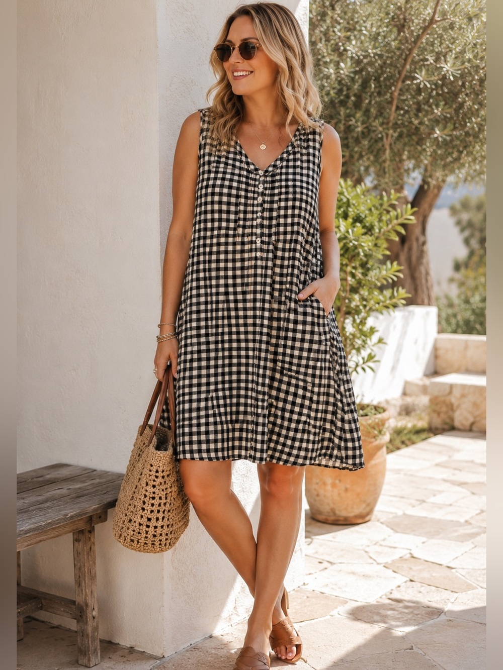 Faherty Black & Cream Gingham Sleeveless Mini Dress Sz XXL Cotton Blend Casual